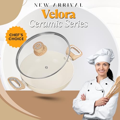 COOKAID Kadhai with Glass Lid 24cm 2.5 Litre | Velora Non Stick Ceramic Coating | ISI Certified | Aluminium Body | Kitchen Cookware Kadai for Cooking Woks-Cream | Induction Stovetop Compatible | - Image 4