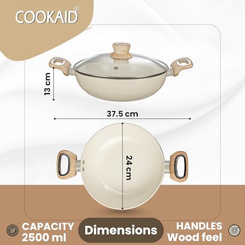 COOKAID Kadhai with Glass Lid 24cm 2.5 Litre | Velora Non Stick Ceramic Coating | ISI Certified | Aluminium Body | Kitchen Cookware Kadai for Cooking Woks-Cream | Induction Stovetop Compatible | - Image 2