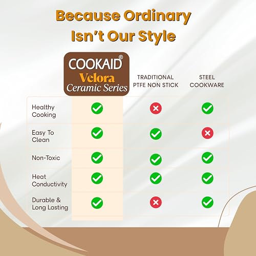 COOKAID Kadhai with Glass Lid 24cm 2.5 Litre | Velora Non Stick Ceramic Coating | ISI Certified | Aluminium Body | Kitchen Cookware Kadai for Cooking Woks-Cream | Induction Stovetop Compatible | - Image 5