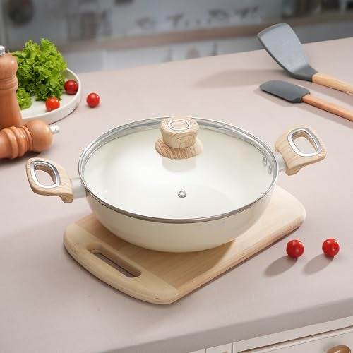 COOKAID Kadhai with Glass Lid 24cm 2.5 Litre | Velora Non Stick Ceramic Coating | ISI Certified | Aluminium Body | Kitchen Cookware Kadai for Cooking Woks-Cream | Induction Stovetop Compatible | - Image 1
