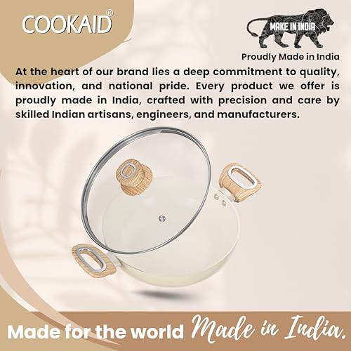 COOKAID Kadhai with Glass Lid 24cm 2.5 Litre | Velora Non Stick Ceramic Coating | ISI Certified | Aluminium Body | Kitchen Cookware Kadai for Cooking Woks-Cream | Induction Stovetop Compatible | - Image 3