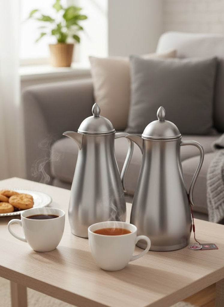 GAZELLA 2-Piece Plastic Tea/Coffee Flask Set 1Liter & 1Liter Silver with Borosilicate Glass Inside - Image 2