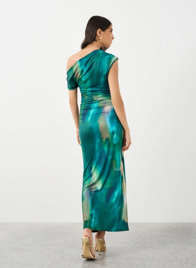 Take Two Take Two Asymmetric Neck Printed Maxi Dress with Waist Gathered Detail
