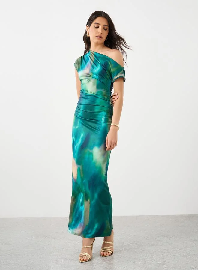 تايك تو Take Two Asymmetric Neck Printed Maxi Dress with Waist Gathered Detail