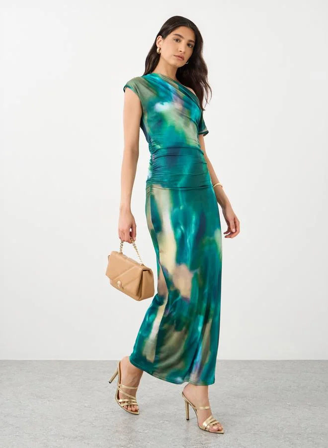 تايك تو Take Two Asymmetric Neck Printed Maxi Dress with Waist Gathered Detail