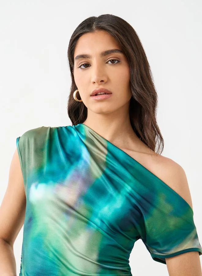 Take Two Take Two Asymmetric Neck Printed Maxi Dress with Waist Gathered Detail
