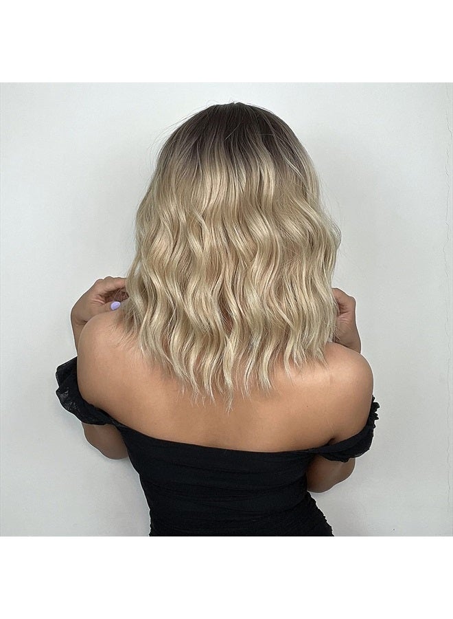 BERON Blonde Ombre Short Wigs Curly Bob Wig with Bangs Ombre Color Wavy Hair Wigs 12 Inches Women's Synthetic Wigs Daily Party Use - Image 4