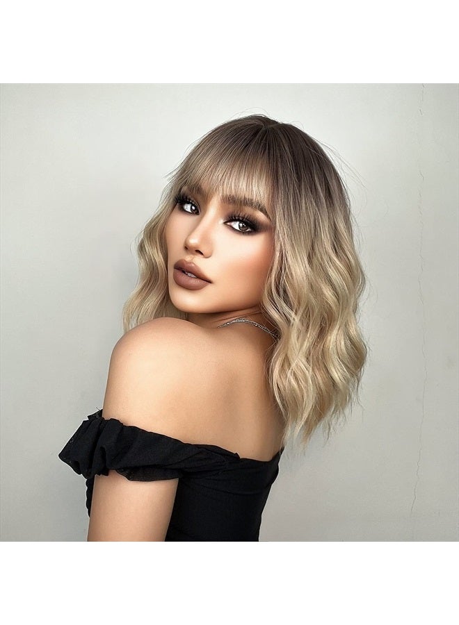 BERON Blonde Ombre Short Wigs Curly Bob Wig with Bangs Ombre Color Wavy Hair Wigs 12 Inches Women's Synthetic Wigs Daily Party Use - Image 2