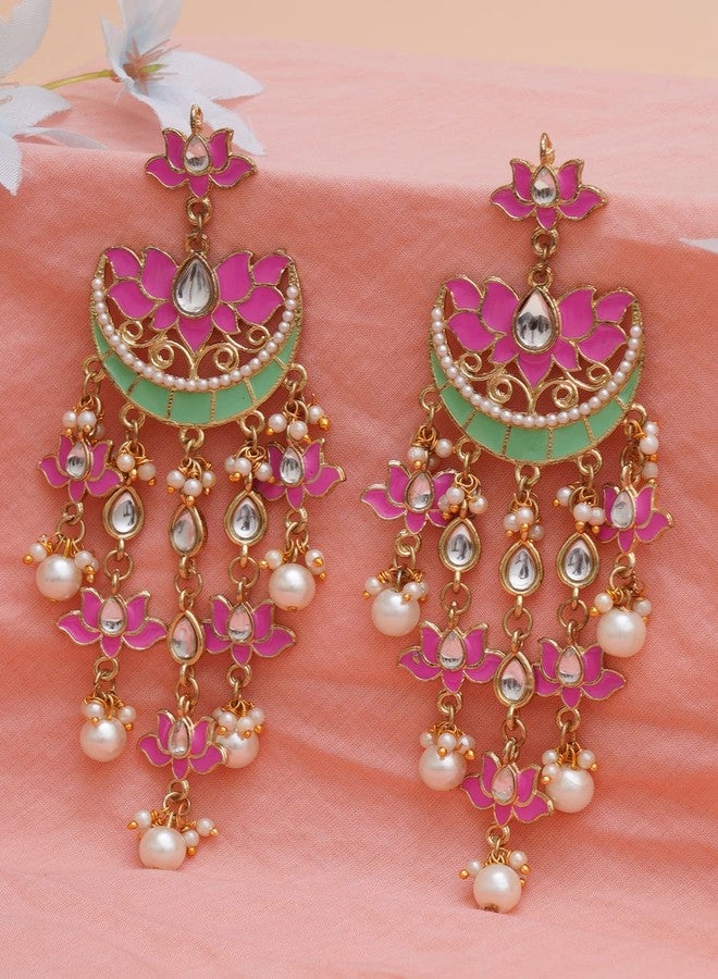 Karatcart Gold Plated Pink Meena Lotus Design Kundan Dangler Earrings for Women (color may slightly vary due to photographic effect) - Image 3
