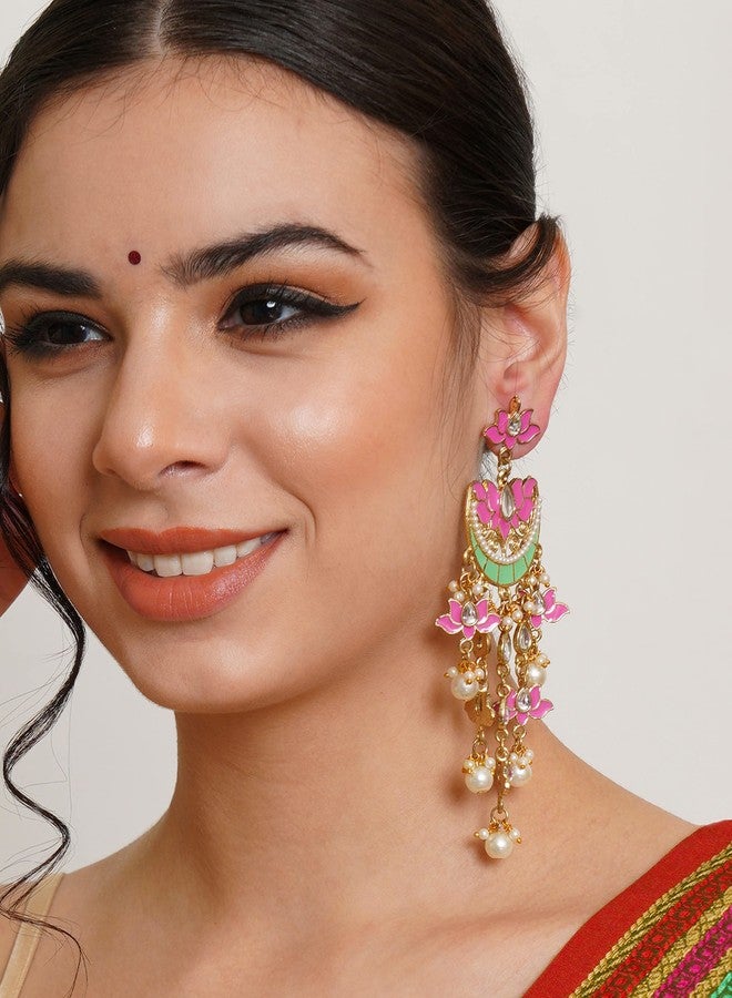 Karatcart Gold Plated Pink Meena Lotus Design Kundan Dangler Earrings for Women (color may slightly vary due to photographic effect) - Image 2