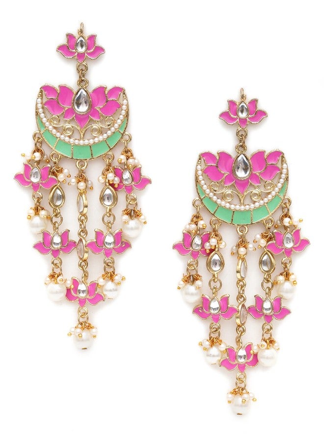 Karatcart Gold Plated Pink Meena Lotus Design Kundan Dangler Earrings for Women (color may slightly vary due to photographic effect) - Image 1