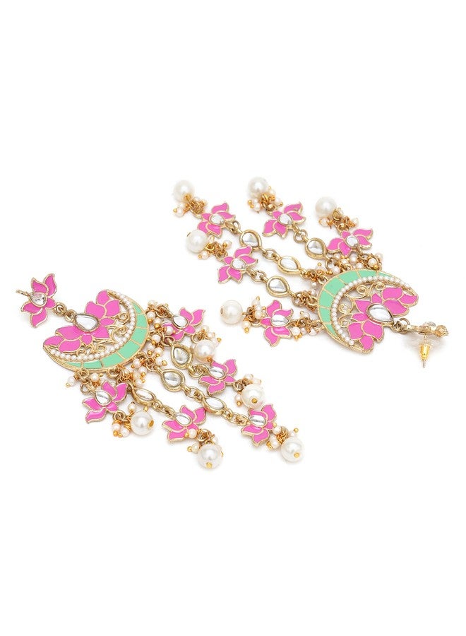 Karatcart Gold Plated Pink Meena Lotus Design Kundan Dangler Earrings for Women (color may slightly vary due to photographic effect) - Image 4