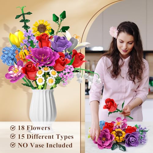 PLAXSOON Flower Bouquet Building Set Mothers Day 18 Flowers Rose Building Block Botanical Collection Building Block Toy Plant Home Decor 1065 PCS Gift for Her Adults Women Kids Boys Girls 12 - Image 5