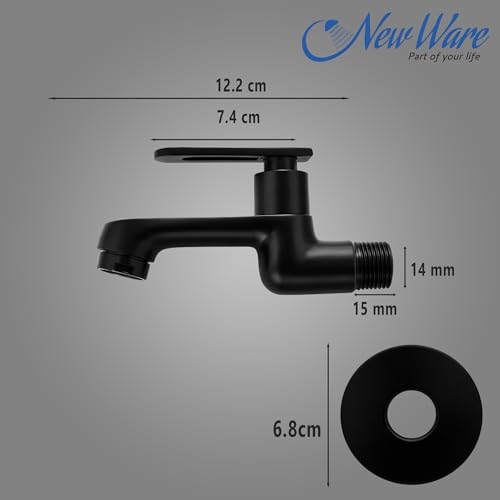 New Ware® Brass Bib Cock Tap Matte Black 5.5 Inch | Wall Mount Faucet with Flange | Bathroom Kitchen Sink Water Tap - Image 2