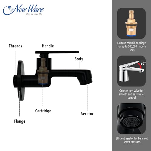 New Ware® Brass Bib Cock Tap Matte Black 5.5 Inch | Wall Mount Faucet with Flange | Bathroom Kitchen Sink Water Tap - Image 3