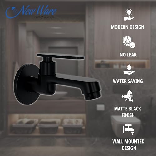 New Ware® Brass Bib Cock Tap Matte Black 5.5 Inch | Wall Mount Faucet with Flange | Bathroom Kitchen Sink Water Tap - Image 4