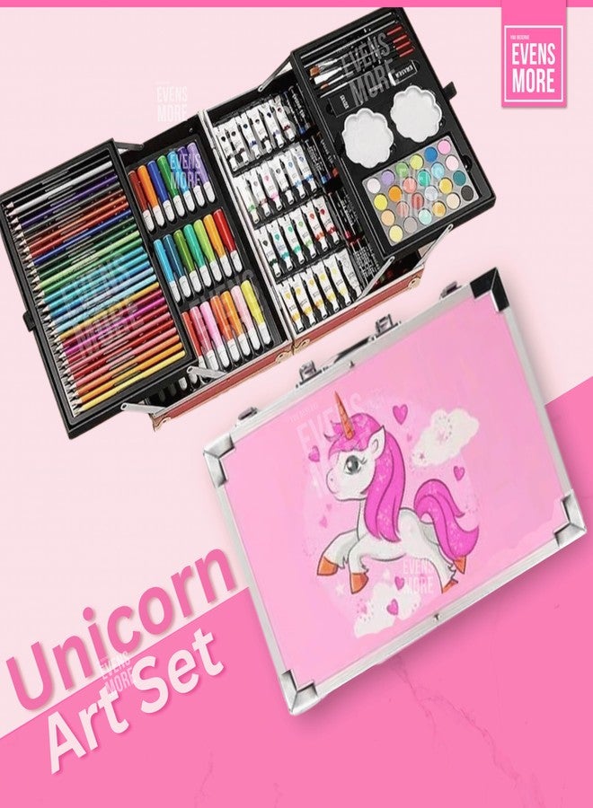 EVENS MORE 145-Piece Pink Unicon Deluxe Art Set for Kids & Adults | Sketch Colour Pencils, Watercolors, Crayons, Brushes, Eraser, Sharpener | Complete Drawing & Painting Kit with Case (Unicon) - Image 2