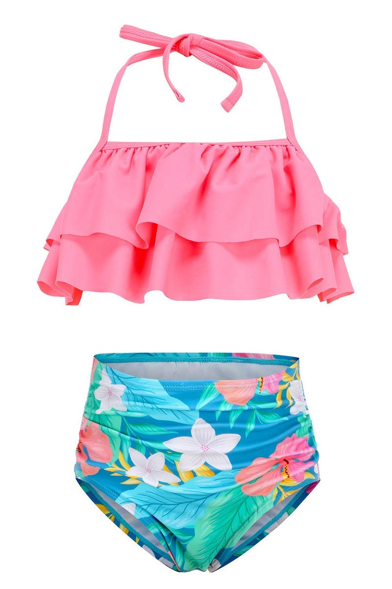 Big Girls Two Piece Bikini Swimsuit Floral Ruffle Bathing Suit High Waisted Size 10810