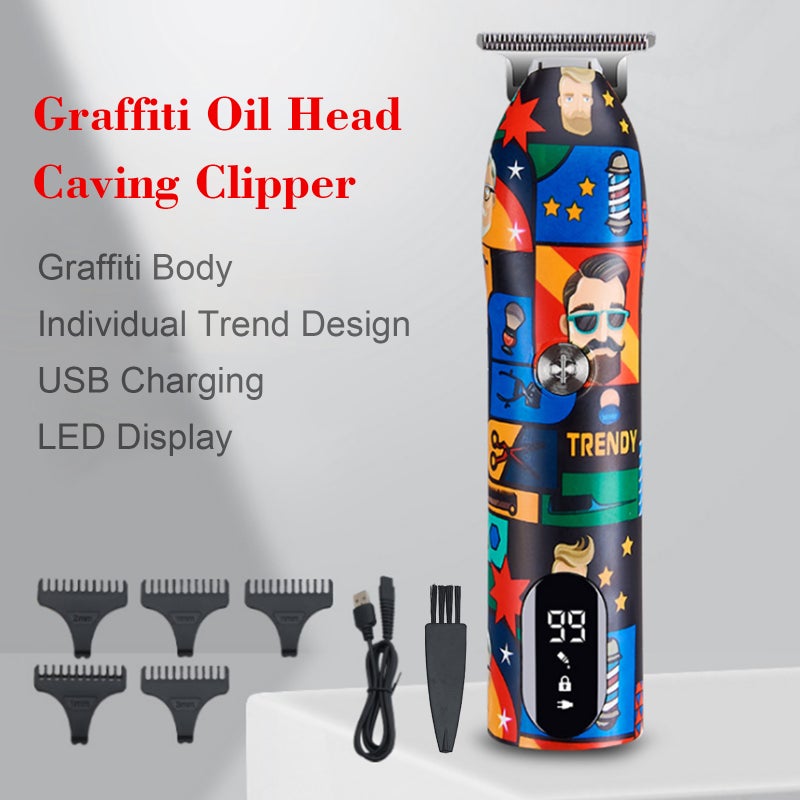 Cordless Hair Clippers Set Graffiti Oil Head Caving Clipper Hair Trimmer Haircut & Grooming Kit with Rechargeable Battery LED Display - Image 2