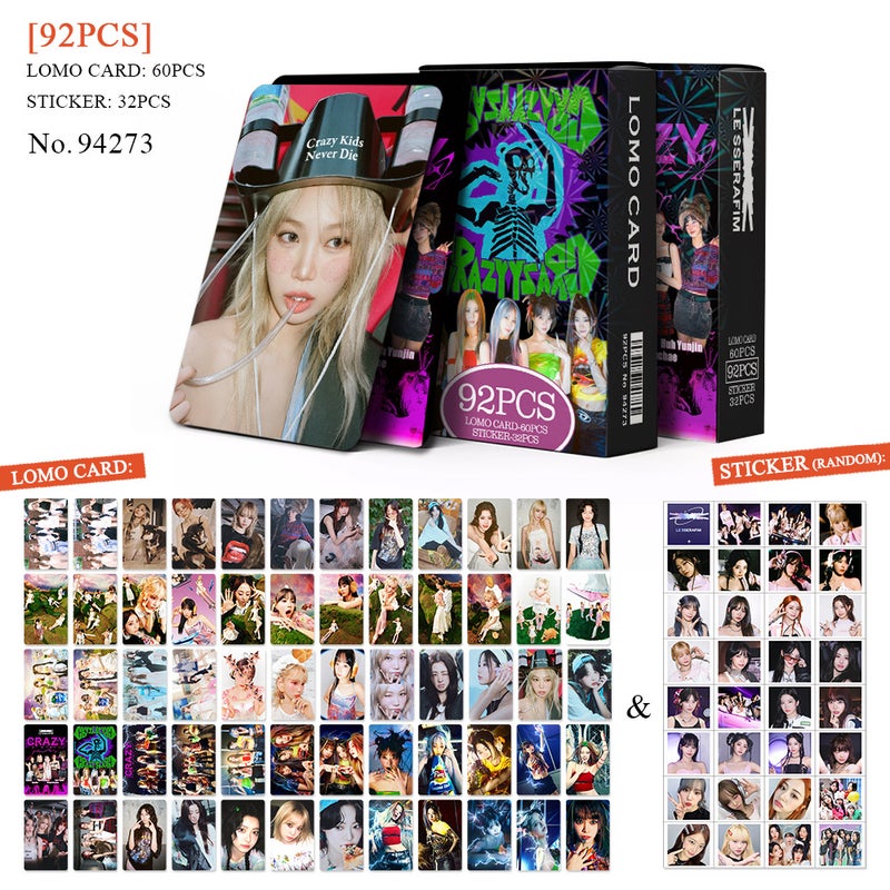 LESSERAFIM Lomocard & Sticker Set – 92PCS (60 Lomocards + 32 Random Stickers) | Aesthetic Photo Card Collection for Fans