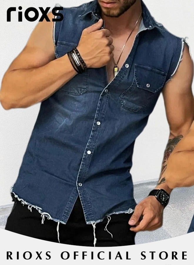 RIOXS Men's Denim Vest, Vintage Lapel Sleeveless Frayed Jean Vest for Men, Casual Slim Fit Button Down Veat with Chest Pockets, Fashionable Cowboy Sleeveless Shirt, Suitable for Party, Dating, Business Work, Daily Wear and Other Activities - Image 2