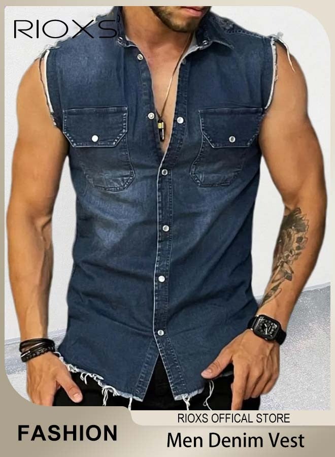RIOXS Men's Denim Vest, Vintage Lapel Sleeveless Frayed Jean Vest for Men, Casual Slim Fit Button Down Veat with Chest Pockets, Fashionable Cowboy Sleeveless Shirt, Suitable for Party, Dating, Business Work, Daily Wear and Other Activities - Image 1