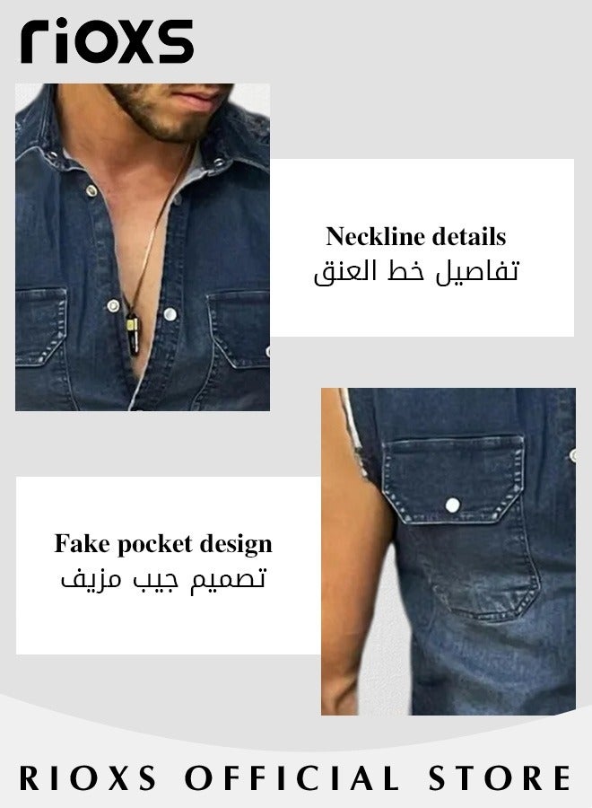 RIOXS Men's Denim Vest, Vintage Lapel Sleeveless Frayed Jean Vest for Men, Casual Slim Fit Button Down Veat with Chest Pockets, Fashionable Cowboy Sleeveless Shirt, Suitable for Party, Dating, Business Work, Daily Wear and Other Activities - Image 4