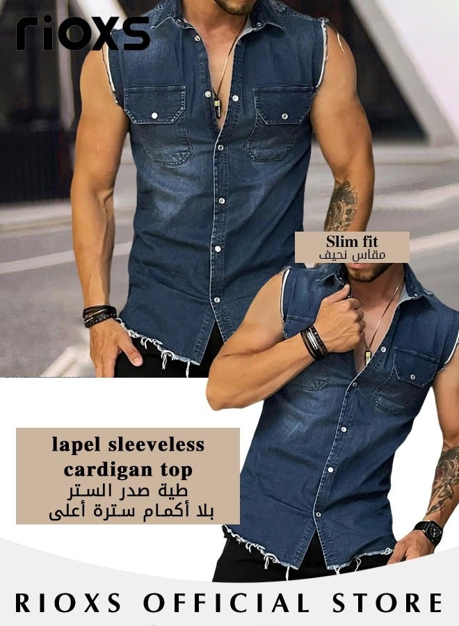 RIOXS Men's Denim Vest, Vintage Lapel Sleeveless Frayed Jean Vest for Men, Casual Slim Fit Button Down Veat with Chest Pockets, Fashionable Cowboy Sleeveless Shirt, Suitable for Party, Dating, Business Work, Daily Wear and Other Activities - Image 3