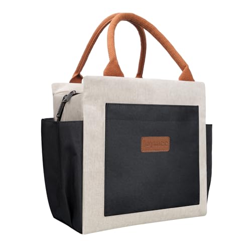 Joymee Lunch Bag Women Insulated Lunch Box Reusable Leakproof Large Spacious Cooler Tote for Women Men Adult with Bottle Holder and Side Pockets for Work Office Travel Picnic Beige Black - Image 1