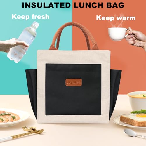 Joymee Lunch Bag Women Insulated Lunch Box Reusable Leakproof Large Spacious Cooler Tote for Women Men Adult with Bottle Holder and Side Pockets for Work Office Travel Picnic Beige Black - Image 3
