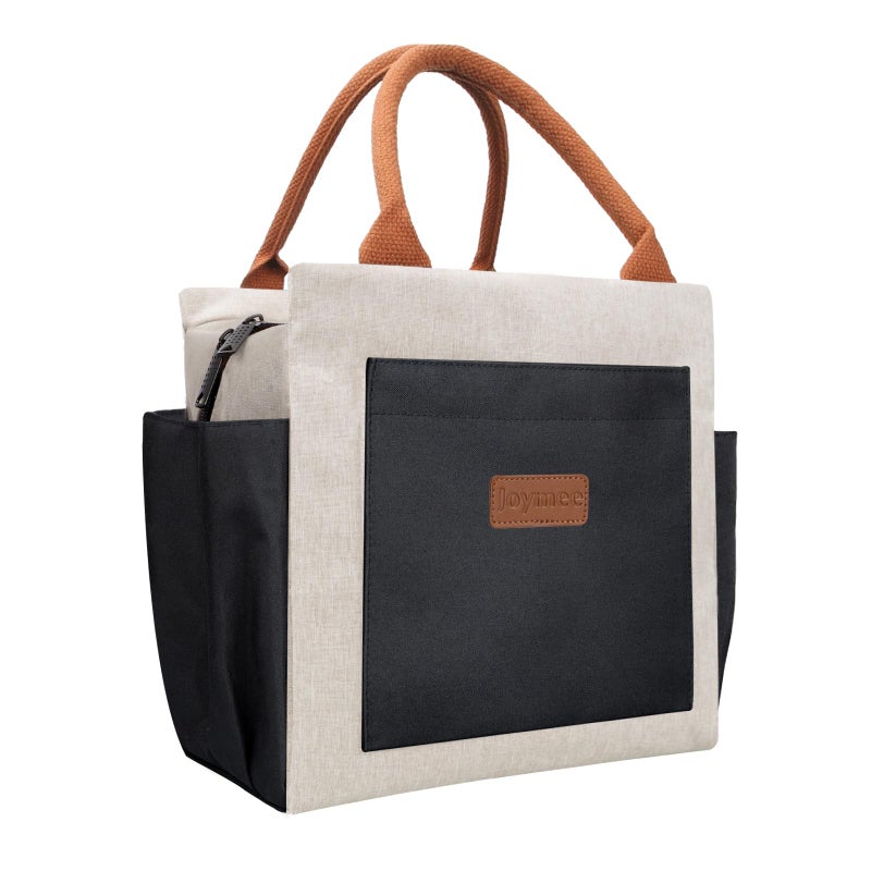Joymee Lunch Bag Women Insulated Lunch Box Reusable Leakproof Large Spacious Cooler Tote for Women Men Adult with Bottle Holder and Side Pockets for Work Office Travel Picnic Beige Black - Image 2