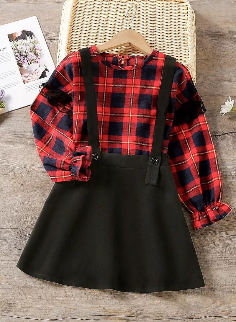 Girls Plaid Flounce Sleeve Blouse With Pinafore Skirt 