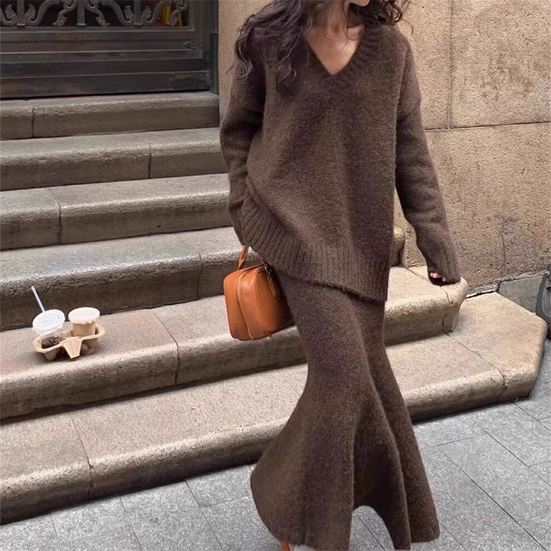 plus size chubby girl 150.00kg Lazy Knitwear Top Sweater Skirt Autumn and Winter Loose Two-piece Set for Women Brown - Image 1