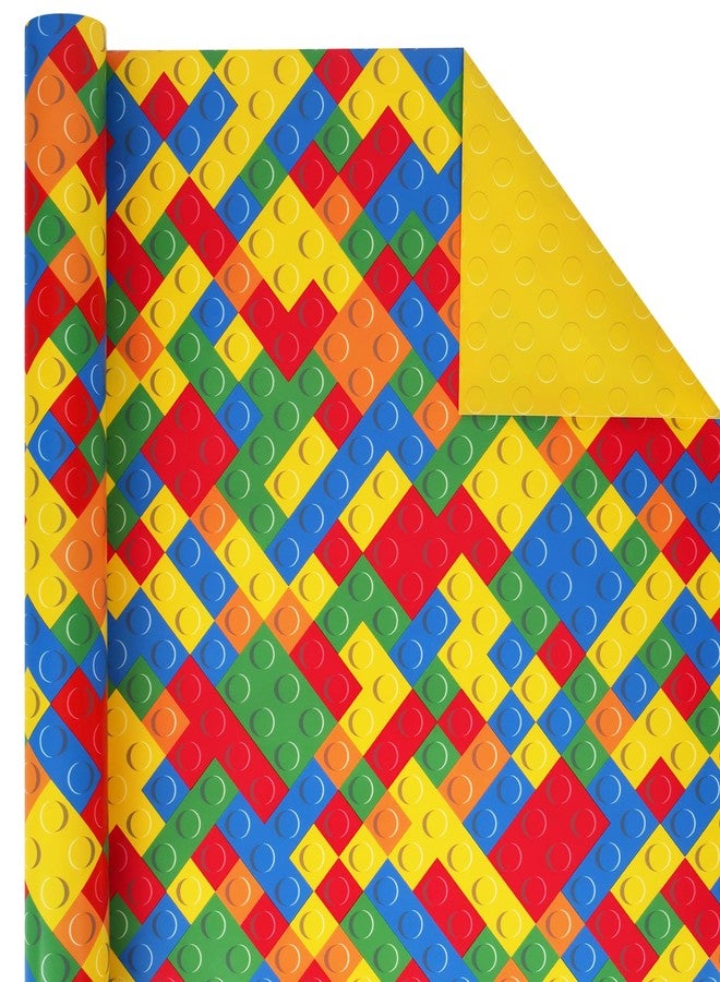 BIOBROWN Reversible Building Blocks Wrapping Paper for Boys Girls - 17 Inch X 33 Ft - Colorful Building Bricks Design Gift Wrap Paper for Kids Birthday Party Toy Lovers - Image 1