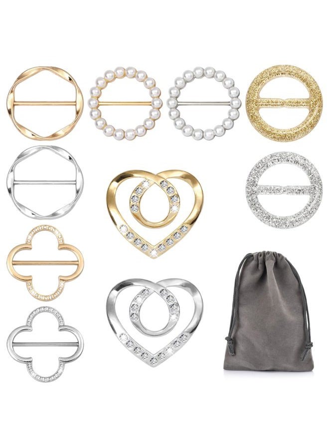 Kiqeres 10 Pcs T-shirt Tie Clips, Silk Scarf Ring Clip for Women Fashion Metal Round Circle Clip, Clothes Corner Knotted Button Shirt Buckle with 1 Storage Bag - Image 1