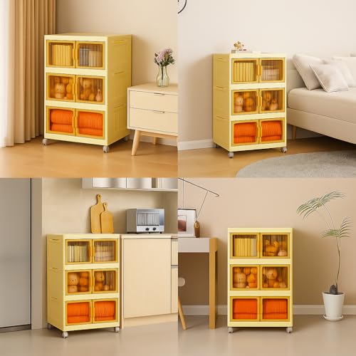 TARKAN DIY Stackable Storage Cabinet with Wheels, 50x25x72 cm, 3-Tier Magnetic Door Organiser, Transparent Panels, Cream - Image 2
