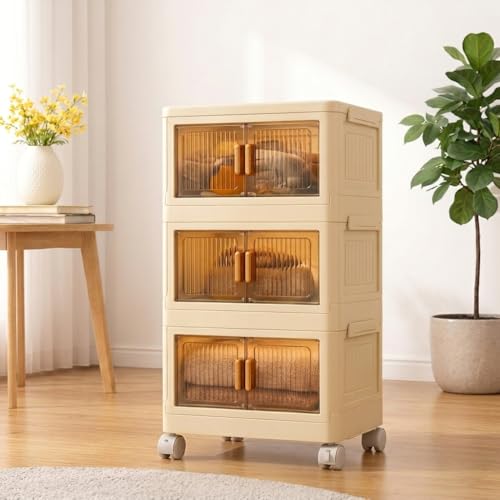 TARKAN DIY Stackable Storage Cabinet with Wheels, 50x25x72 cm, 3-Tier Magnetic Door Organiser, Transparent Panels, Cream - Image 1