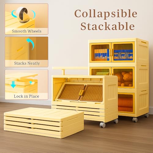 TARKAN DIY Stackable Storage Cabinet with Wheels, 50x25x72 cm, 3-Tier Magnetic Door Organiser, Transparent Panels, Cream - Image 4