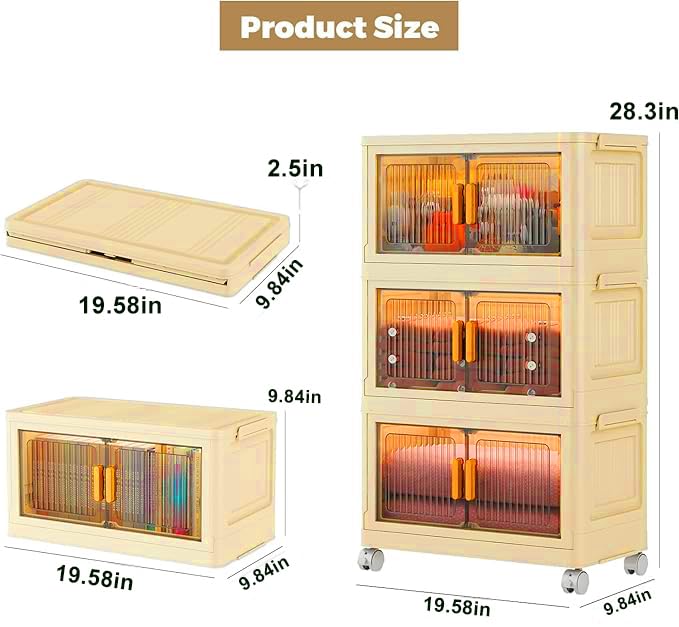TARKAN DIY Stackable Storage Cabinet with Wheels, 50x25x72 cm, 3-Tier Magnetic Door Organiser, Transparent Panels, Cream - Image 5