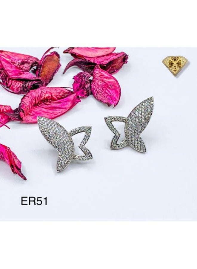 حلق فراشة Stud سيلفر Platinum & Rhodium Plated مرصع Cubic Zirconia