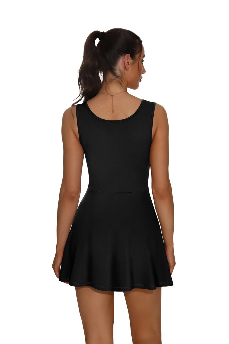 NIASHOT Women Athletic Dress Summer Tennis Golf Bodycon Mini Dresses with Shorts Underneath Workout Outfits Spring Skort Graduation Travel Vacation Romper Sleeveless Pocket Active Wear Black L - Image 5