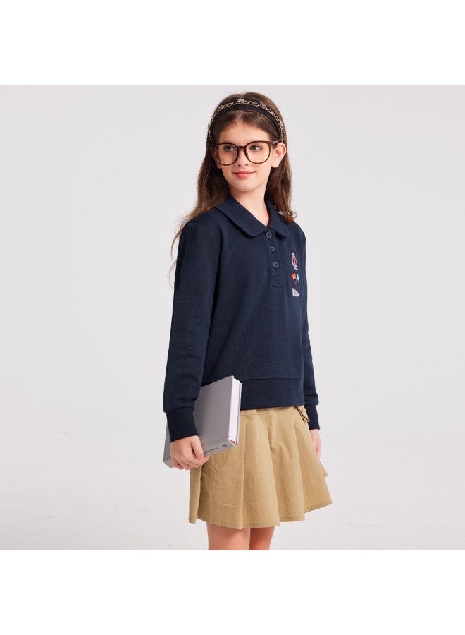 Hush Puppies Girls' Spring And Autumn Turn-down Collar Sweatshirt With Unique Printed Label Doll Collar Pullover Sport Sweatshirt - Image 5
