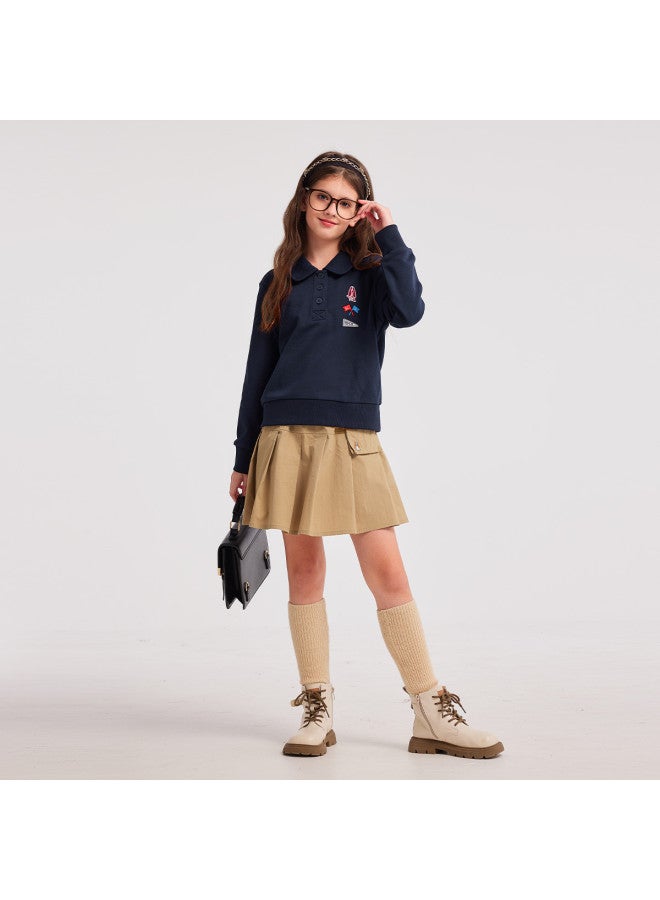 Hush Puppies Girls' Spring And Autumn Turn-down Collar Sweatshirt With Unique Printed Label Doll Collar Pullover Sport Sweatshirt - Image 3