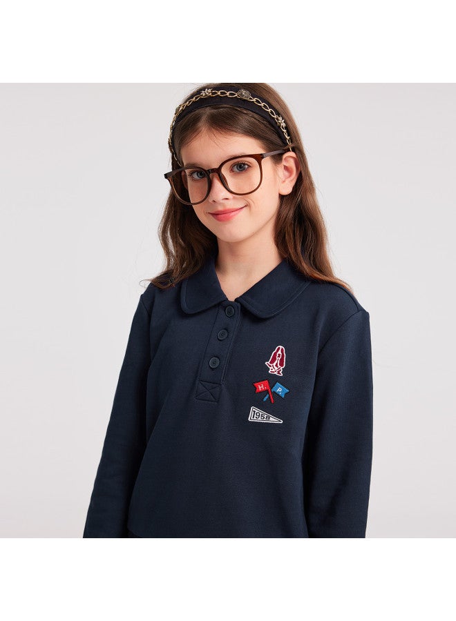Hush Puppies Girls' Spring And Autumn Turn-down Collar Sweatshirt With Unique Printed Label Doll Collar Pullover Sport Sweatshirt - Image 4