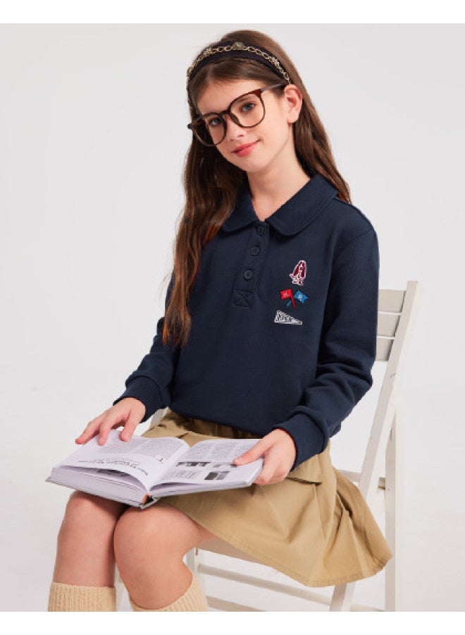 Hush Puppies Girls' Spring And Autumn Turn-down Collar Sweatshirt With Unique Printed Label Doll Collar Pullover Sport Sweatshirt - Image 1