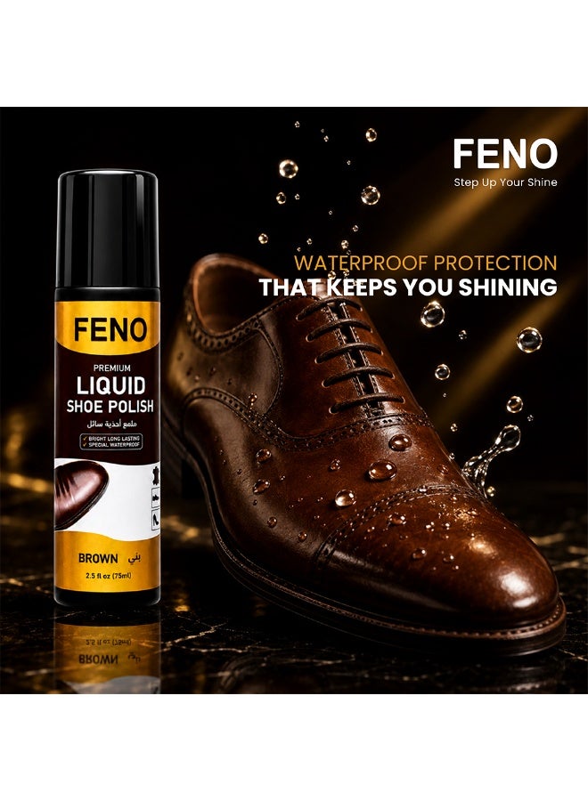 FENO Liquid Shoe Polish Brown 75ml, Instant Shine Shoe Polish with Applicator, Quick Dry Formula, Restores Colour & Shine for Leather Shoes, No Brush Needed - Image 2