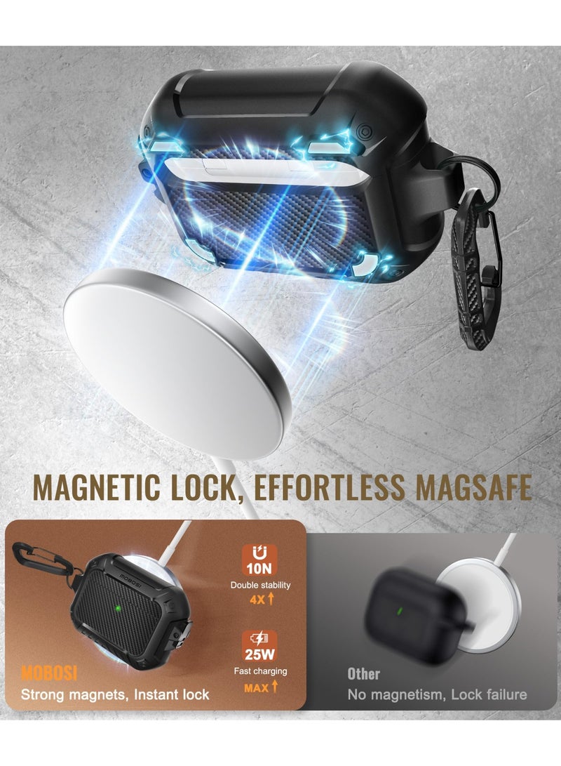 موبوسي غطاء حماية لسماعات AirPods Pro 3، متوافق مع علبة AirPods Pro الجيل الثالث (إصدار 2025)، متوافق مع الشحن المغناطيسي MagSafe، مزوّد بقفل وسلسلة مفاتيح ومجموعة تنظيف، غطاء صلب مقاوم للصدمات يغطي الجهاز بالكامل – أسود - Image 3