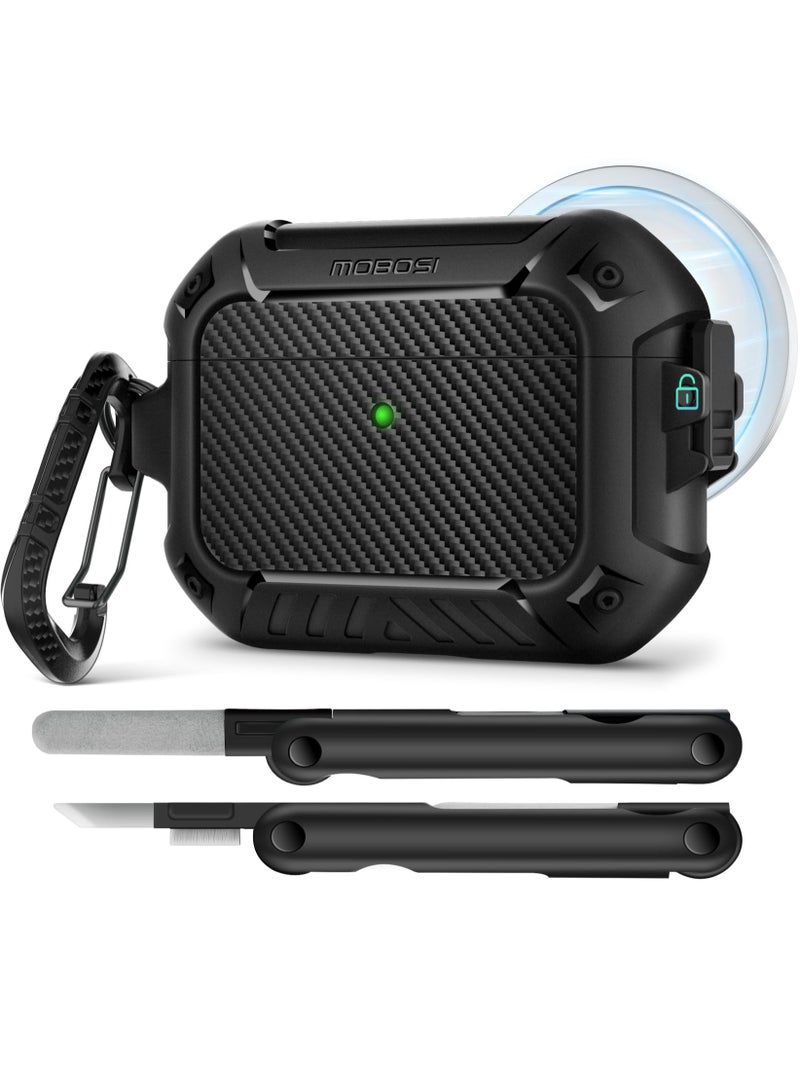 موبوسي غطاء حماية لسماعات AirPods Pro 3، متوافق مع علبة AirPods Pro الجيل الثالث (إصدار 2025)، متوافق مع الشحن المغناطيسي MagSafe، مزوّد بقفل وسلسلة مفاتيح ومجموعة تنظيف، غطاء صلب مقاوم للصدمات يغطي الجهاز بالكامل – أسود - Image 1