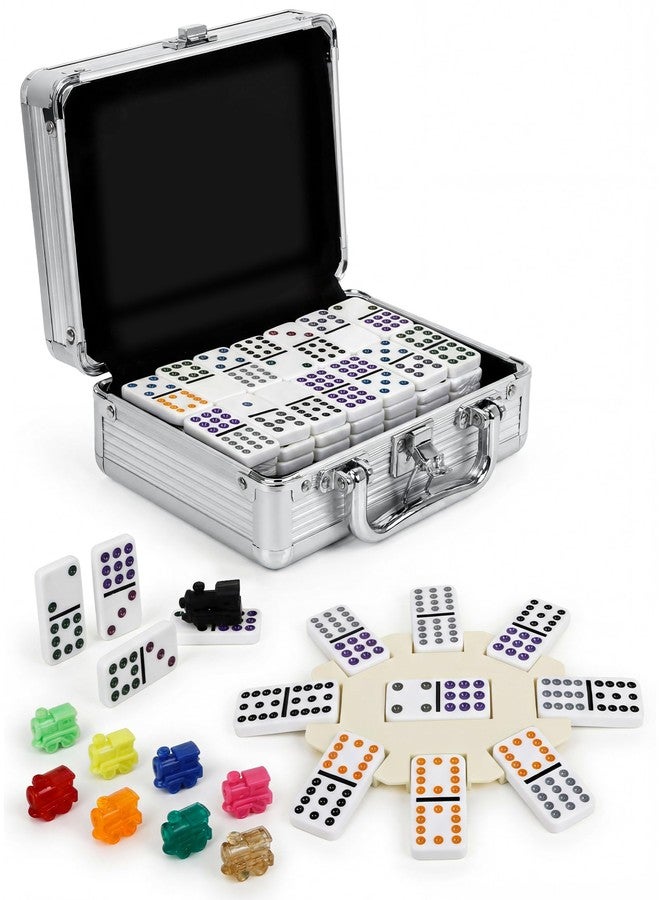 Lavendex Mexican Train Dominoes Set Double 12 - 91 Colored Dot Tiles with Durable Aluminum Carry Case, 9 Trains, Hub & Score Pad - Classic Board Game Dominos Set for Adults, Kids, Family Game Night, Travel - Image 1