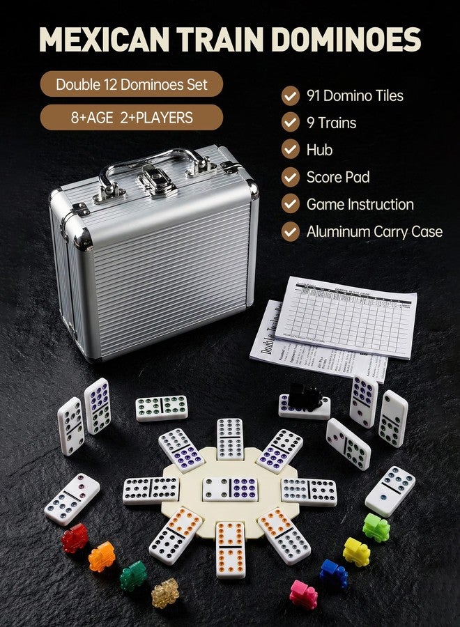 Lavendex Mexican Train Dominoes Set Double 12 - 91 Colored Dot Tiles with Durable Aluminum Carry Case, 9 Trains, Hub & Score Pad - Classic Board Game Dominos Set for Adults, Kids, Family Game Night, Travel - Image 2